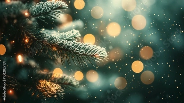 Fototapeta Blurry green fir tree branch bokeh lights