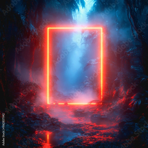 Obraz A vibrant neon square frame floats in a dense, foggy jungle, creating a surreal and mystical atmosphere. This captivating scene blends nature with fantasy.