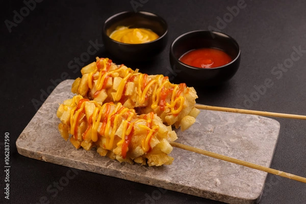 Obraz Potato Corn Dogs is Korean Style Chunky Corn Dogs with Batter and Fried Potatoes.