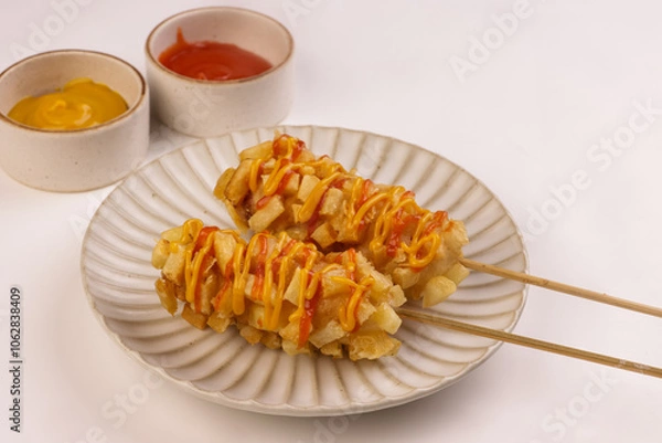 Obraz Potato Corn Dogs is Korean Style Chunky Corn Dogs with Batter and Fried Potatoes.