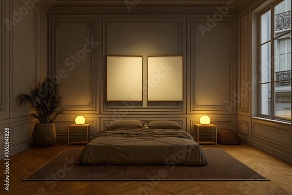 Fototapeta Bedroom interior. Bed. 3d illustration.
