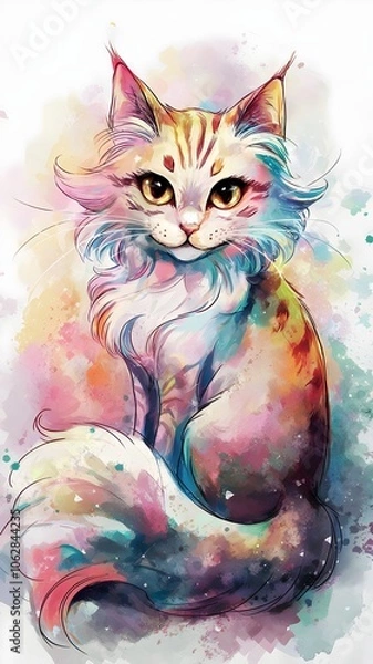 Fototapeta A stunning watercolor painting of a cat with expressive eyes and a flowing tail. 
