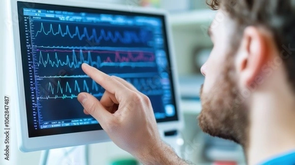 Fototapeta Neurologist analyzes brain waves on eeg monitor to assess patient's neurological health and functioning