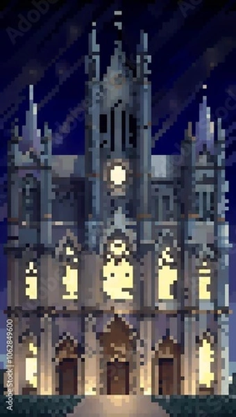 Fototapeta Gothic cathedral exterior at night pixel art background. 8-bit game assets