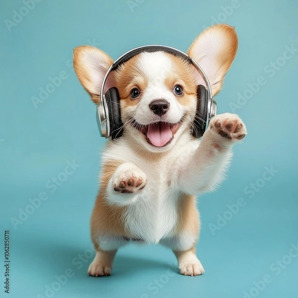 Fototapeta **photo of a Young puppy listening to music on a head set and dancing happy, jump smiling , cute , adorable, , dancing, 
