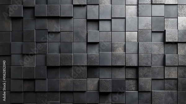 Fototapeta A room with a wall of black triangles on a background Black And Grey Geometric Tile Wall Pattern
