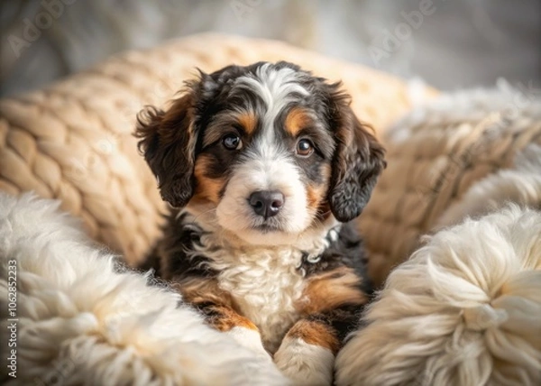 Fototapeta Adorable Mini Bernedoodle Puppy Nestled Among Soft Pillows on a Cozy Bed, Captured in Stunning Macro Photography
