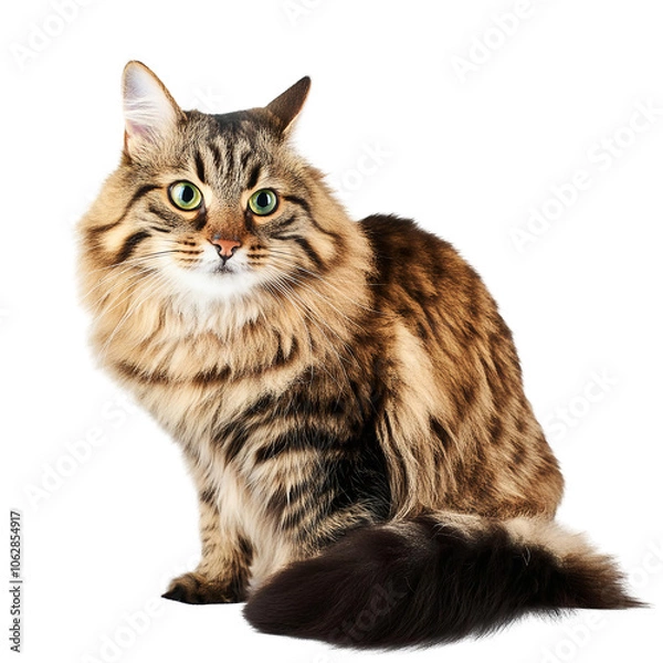 Fototapeta Cat - Looking Curiously, Funny, Scared - Sitting or Standing on White Background / Transparent - Ginger, Tabby, White, Black - Beautiful and Cute Cat Breed - Maine Coon, Siberian, Norwegian, Angora