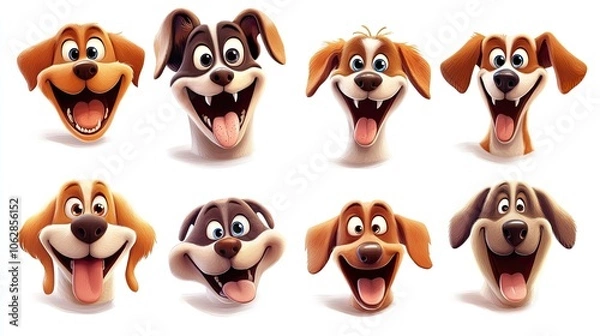 Fototapeta A fun set of cartoon dog faces, showcasing different breeds with joyful expressions, placed on a white background.
