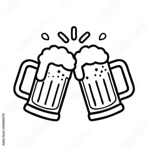 Fototapeta Beer mugs clinking outline icon, Black and white outline icon of two beer mugs clinking with foam spilling over, representing celebration or cheers, isolated on white.