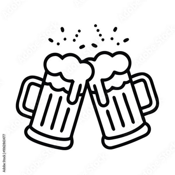 Fototapeta Beer mugs clinking outline icon, Black and white outline icon of two beer mugs clinking with foam spilling over, representing celebration or cheers, isolated on white.