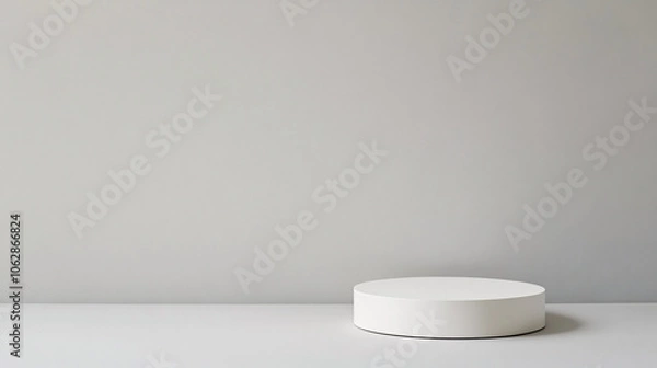 Obraz A minimalist white cylindrical platform rests on a smooth gray background, evenly lit with diffused light that creates soft shadows. The clean, seamless aesthetic of the scene provides a