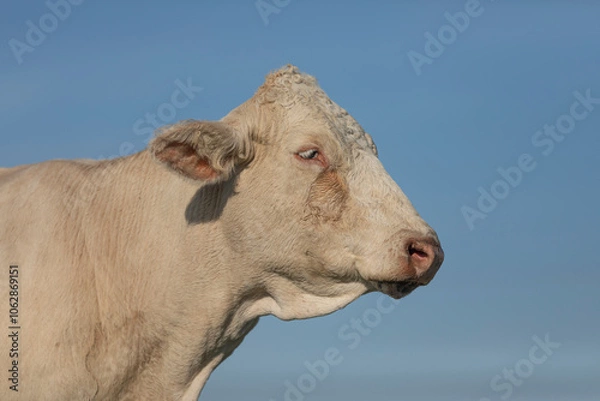 Fototapeta Close up head portrait of cow. Calm animal taken from below. Side face