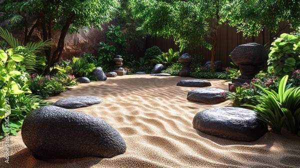 Fototapeta Serene garden scene with sand, rocks, and lush greenery.