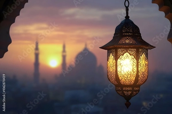 Fototapeta Ramadan Kareem greeting photo with serene mosque background with beautiful glowing lantern.
