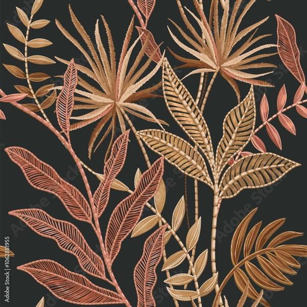 Fototapeta Tropical drawing. Imitation embroidery. Seamless pattern, lace pattern palm leaves.