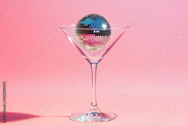 Obraz Cocktail party with disco ball on pink color background. Disco party, retro fashion. Modern stylish banner template for holiday card, banner, flyer, menu with space for text