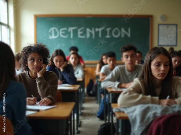 Fototapeta High school students in detention, varied expressions, seated at desks with "DETENTION" on chalkboard; somber daylight fills the room.