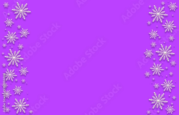 Fototapeta Winter violet magenta saturated bright gradient background with random snowflakes two sideways. Christmas, New Year card with copy space.