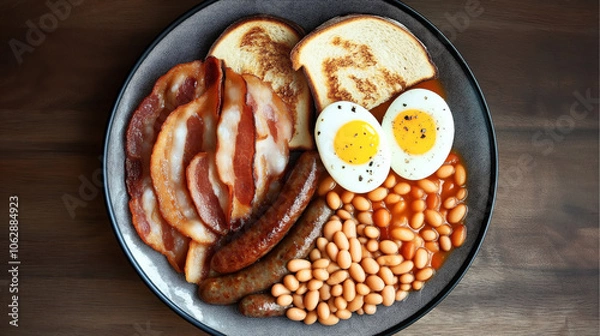 Fototapeta Plate with a traditional breakfast featuring crispy bacon slices, sausages, baked beans, toasted bread, and sliced boiled eggs on a wooden table surface.