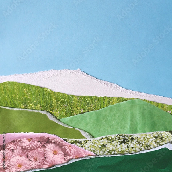 Fototapeta Colorful collage illustration made from torn pieces of vintage photos and paper. Floral meadows and green fields in applique technique. Praising the nature. Copy scape composition.