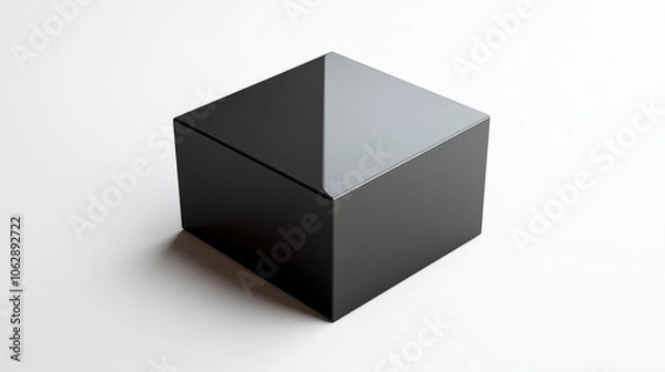 Fototapeta A metallic black box with sharp reflections, placed at an angle on a clean white background 