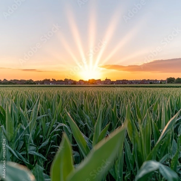 Fototapeta A vibrant sunset over a field of corn, with the sun's rays radiating across the sky.