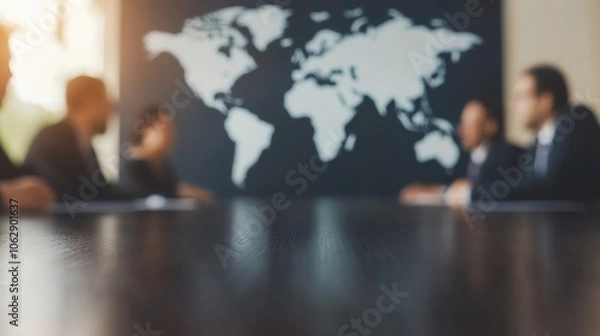 Fototapeta Group of people negotiating around a table with a world map in the background, global negotiation, international business deal