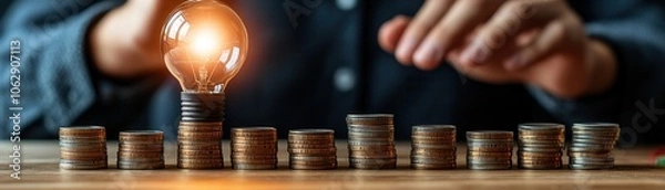 Fototapeta A concept showcasing financial growth with coins and a glowing light bulb symbolizing innovative ideas and investment strategies.