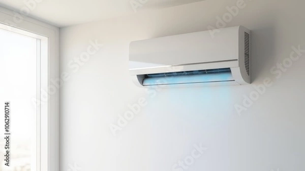 Fototapeta Wall-mounted split system AC with parts of an home ac system, visible airflow refreshing a bright, clean space