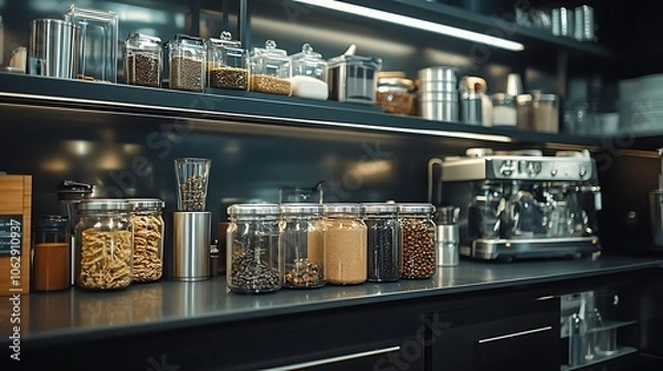 Fototapeta Minimalist kitchen nook with dark metallic shelves, subtle lighting highlighting glass storage jars and metal containers, arranged with precision for a polished, modern feel. --ar 16:9