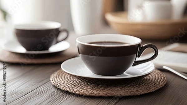 Fototapeta Coffee elegantly presented in dark brown and white cups, perfect for any setting. This coffee setup invites warmth and relaxation with ample copy space for your creative needs.