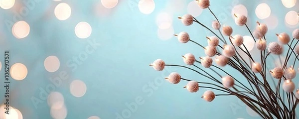 Fototapeta Delicate pink flowers on branches against a soft blue background with sparkling lights.
