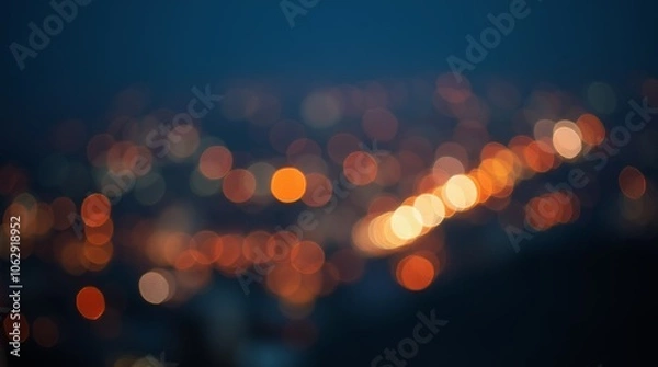 Fototapeta Defocused orange bokeh lights on dark background. Abstract cityscape at night