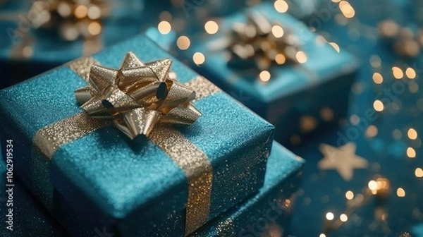 Fototapeta Colorful Gift Boxes with Golden Bows and Bokeh Lights