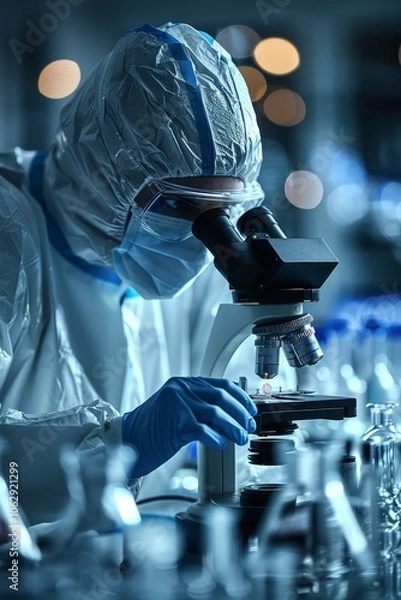 Fototapeta Scientist in protective suit conducts nanotechnology and virus research in cleanroom lab
