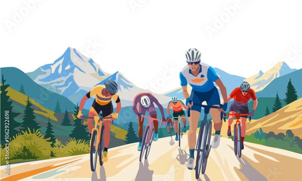 Fototapeta Bicycle race in nature. Bicycle athletes climbing uphill, mountain landscape in the background vector illustration