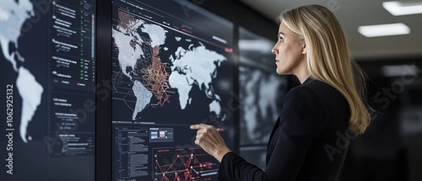 Fototapeta A woman cloud infrastructure architect reviews global deployment data on wall-mounted screens, monitoring network status and incident response in a corporate operations center