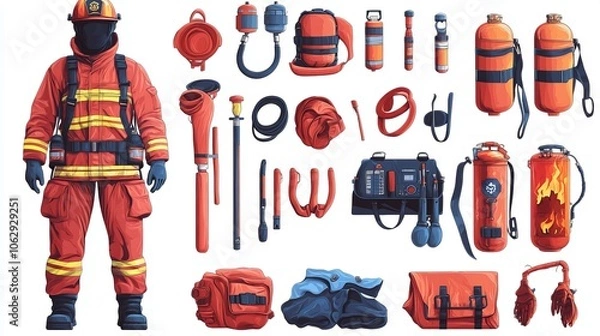 Fototapeta Cartoon Firefighter in Full Gear Extinguishing Fire – Vector Illustration on White Background