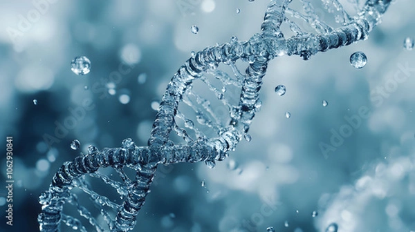Fototapeta A DNA strand made of water droplets, symbolizing the essential role of water in life and genetics.