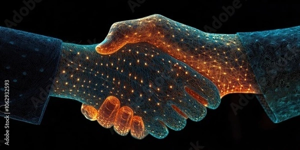 Fototapeta A corporate executive engages in a handshake. An ethereal hologram represents global business. The partnership symbol features a seamless pattern inspired by Moroccan design.