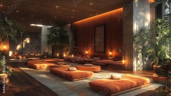 Fototapeta Serene relaxation space with orange cushions and lush greenery.