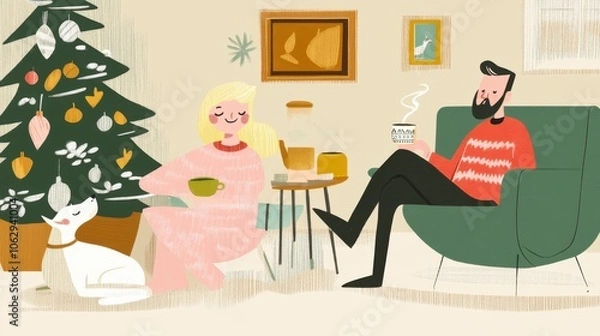 Fototapeta A couple enjoying Christmas in front of a fireplace
