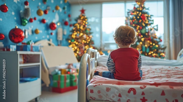 Obraz Toddler sitting on hospital bed looking at christmas trees during holidays