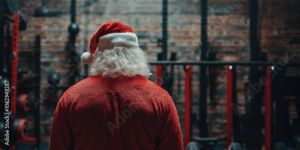 Obraz Santa claus is getting ready for christmas by working out in a gym