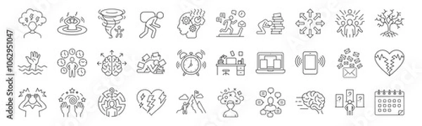 Obraz Overwhelmed, Stressful Situations line icon set. Vector pictograms of Mental strain, confusion, emotional pressure, anxiety, digital distraction, multitasking thin linear illustration.
