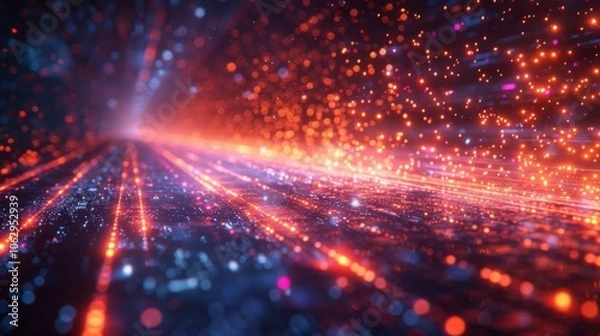 Fototapeta Abstract background with red and blue bokeh and light streaks. AI generative. .