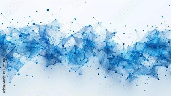 Obraz Abstract blue network with connected nodes on white background. AI generative. .