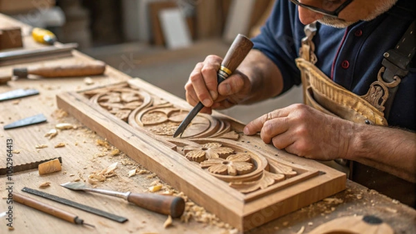 Obraz Close up of a craftsman hands meticulously shaping wood in a workshop and carving ornate details into wood