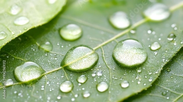 Fototapeta Dewdrops nature texture concept. Close-up of fresh green leaves adorned with glistening water droplets, capturing the beauty of nature and the interplay of light and moisture.